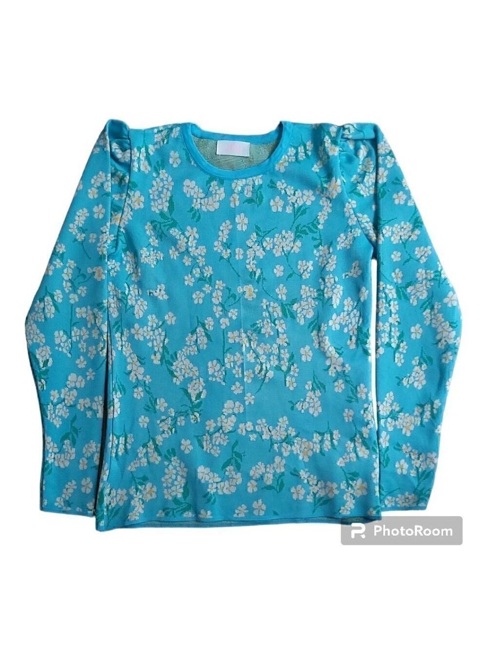 Savida Women's Light Blue Floral Ruched Shoulders Jersey Shirt - Size Small